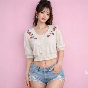Cropped Cream Cardigan Top with Strawberry Embroidery